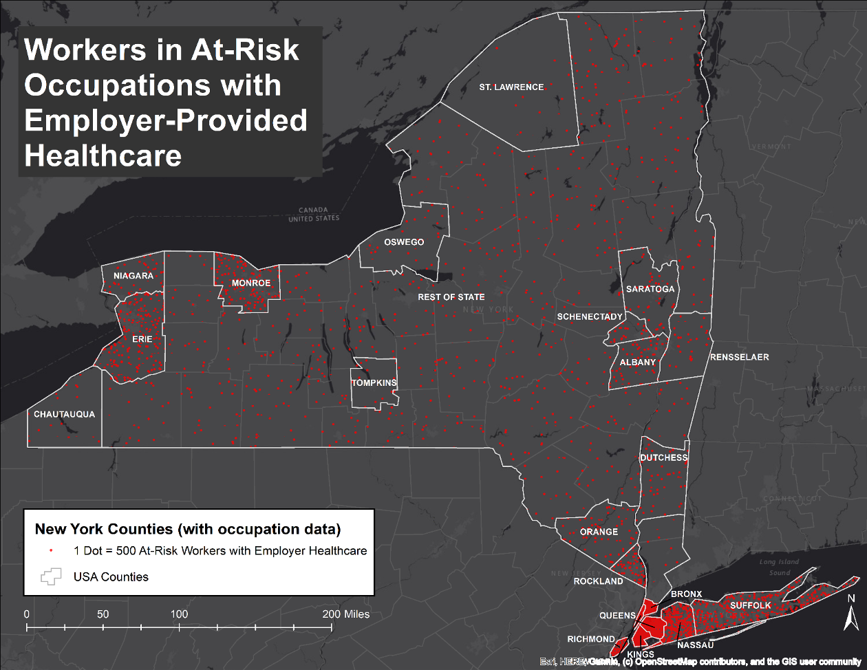 By far, ther are more workers in at risk occupations with employer-provided healthcare in the greater Manhattan area than in upstate locations