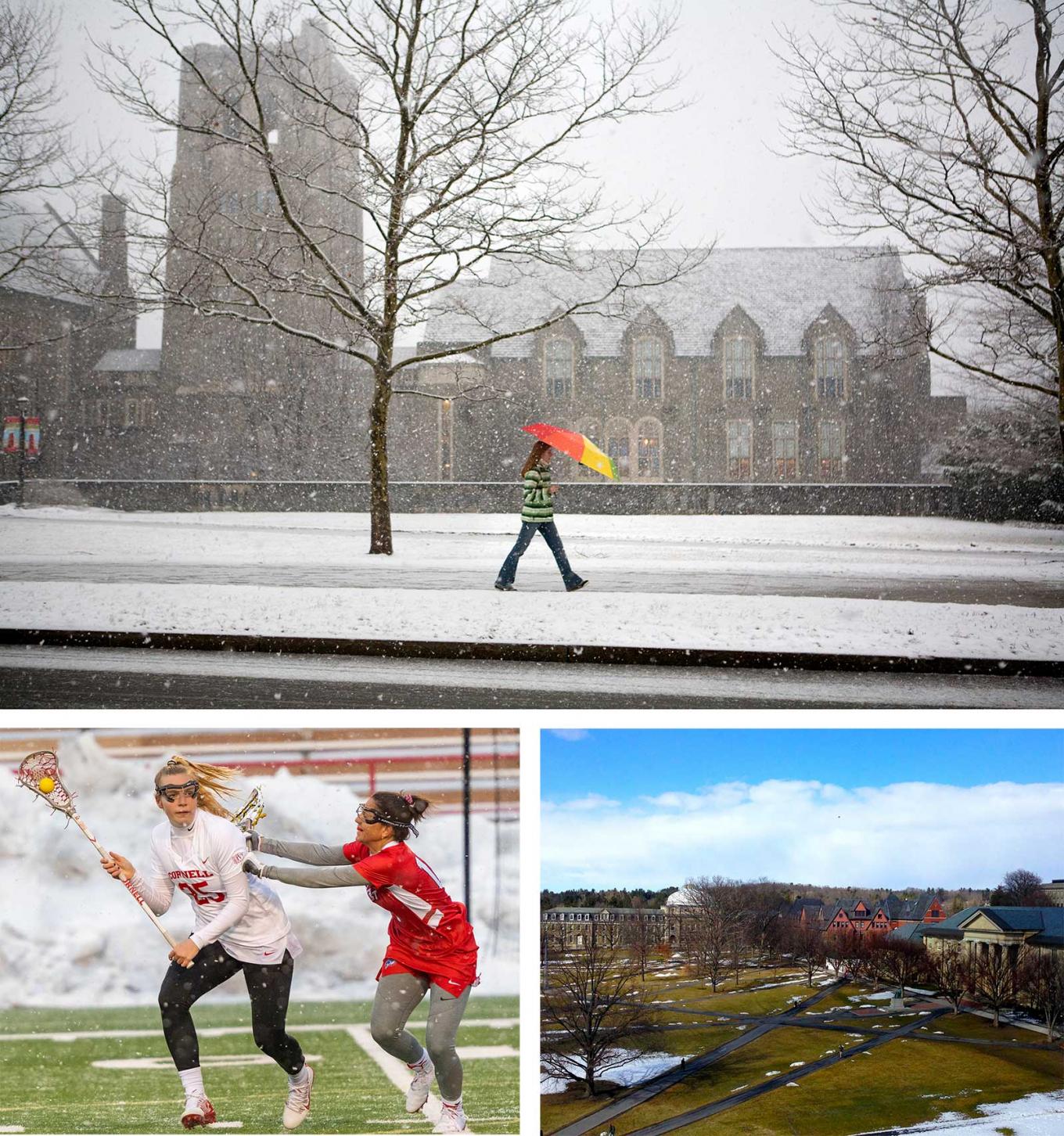 A lone student walks along a snowy quad. Two women play field hokey. An aerial view of the arts quad.