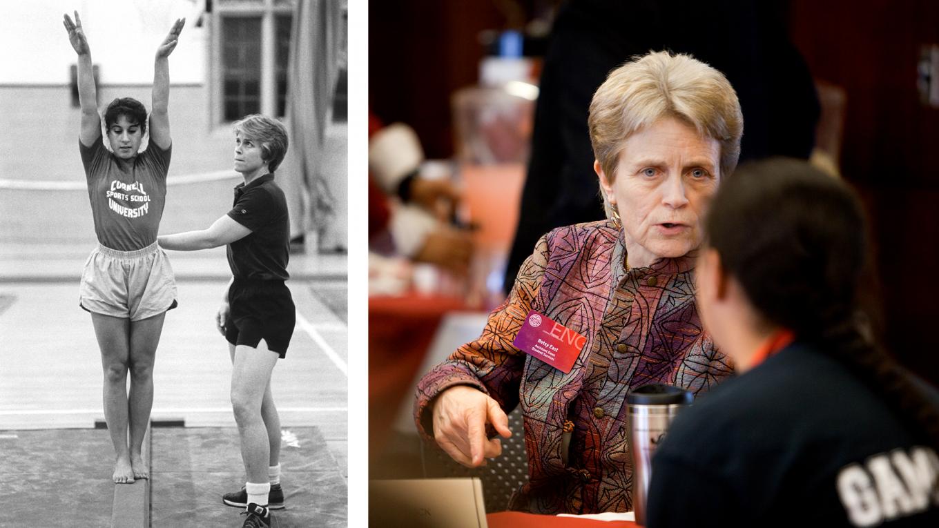 Betsy East, MILR ’89, coaching CU Women's gymnastics on left and talking with a student on the right.