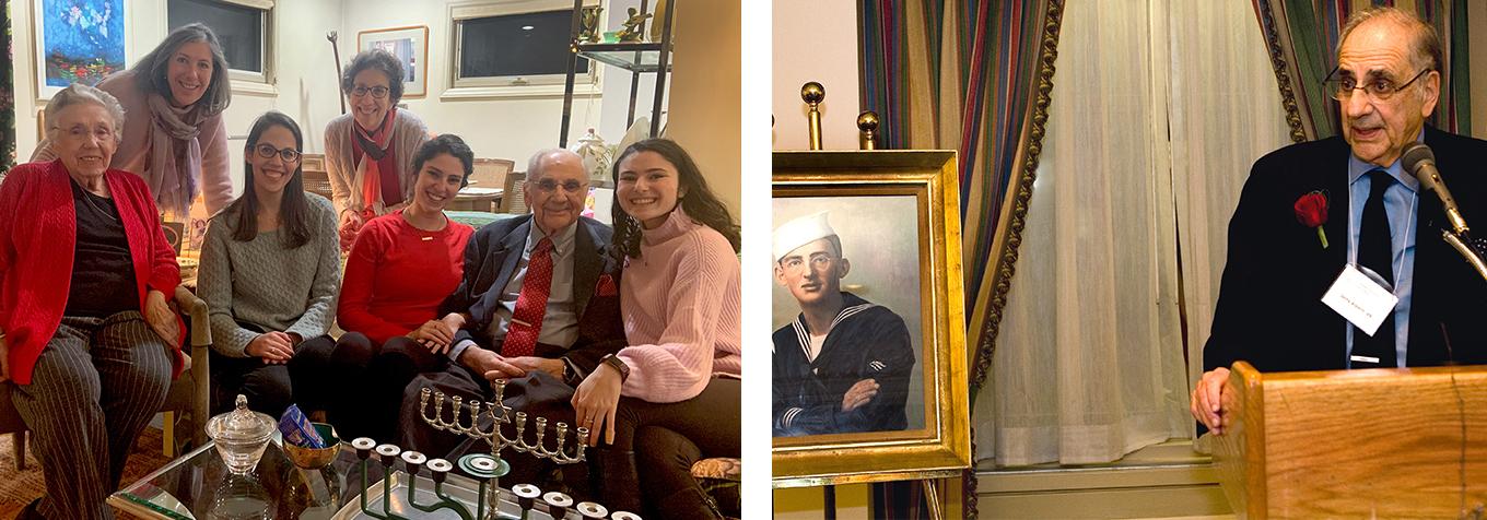 Jerome “Jerry” Alpern ’49, MBA ’50 at a lectern and sitting with his family