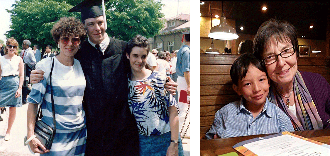 Lou Jean Fleron with her family at a graduation and posing with her grandson.