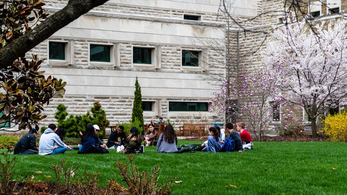 Students sitting on the grass in the lower courtyard.