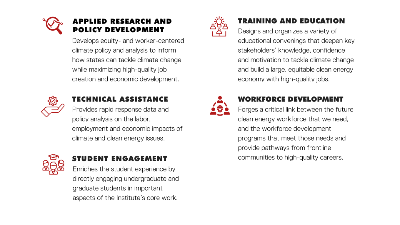 Outlines our areas of work, which include: applied research and policy development, technical assistance, student engagement, training and education, and workforce development