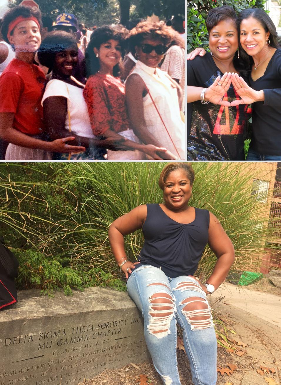 Linda Gadsby with sorority sisters and on a bench at Cornell. 