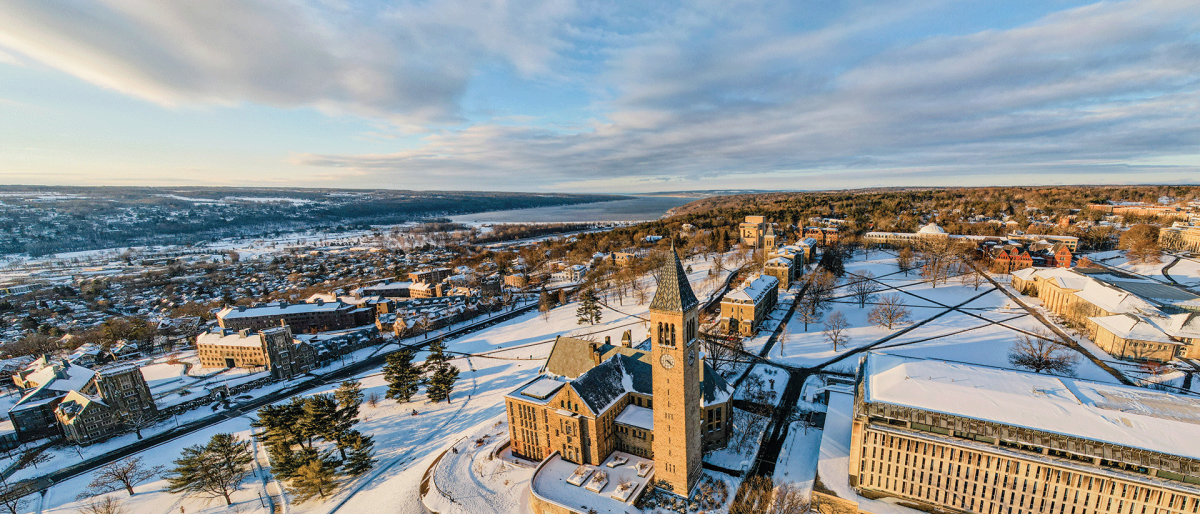 Overhead view of Cornell University's Ithaca campus in winter