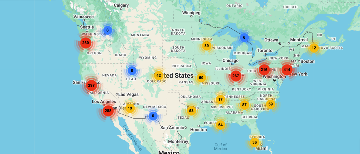 Screenshot of Labor Action Tracker webpage map showing North America
