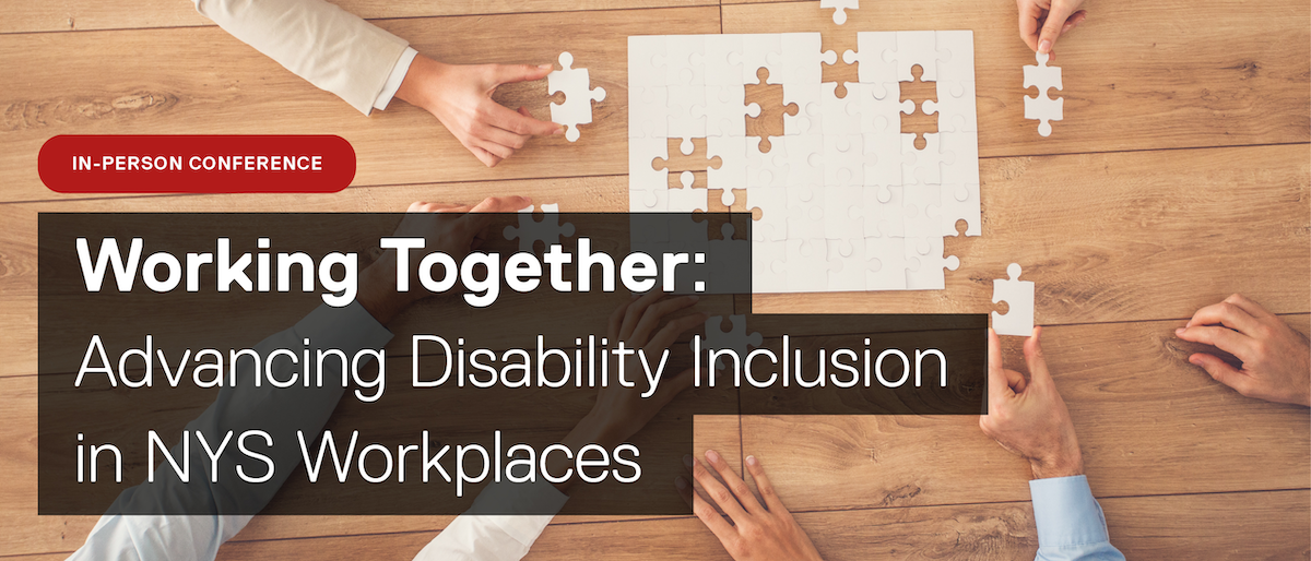 A badge emphasizing that this is an in-person conference and hands putting together a jigsaw puzzle