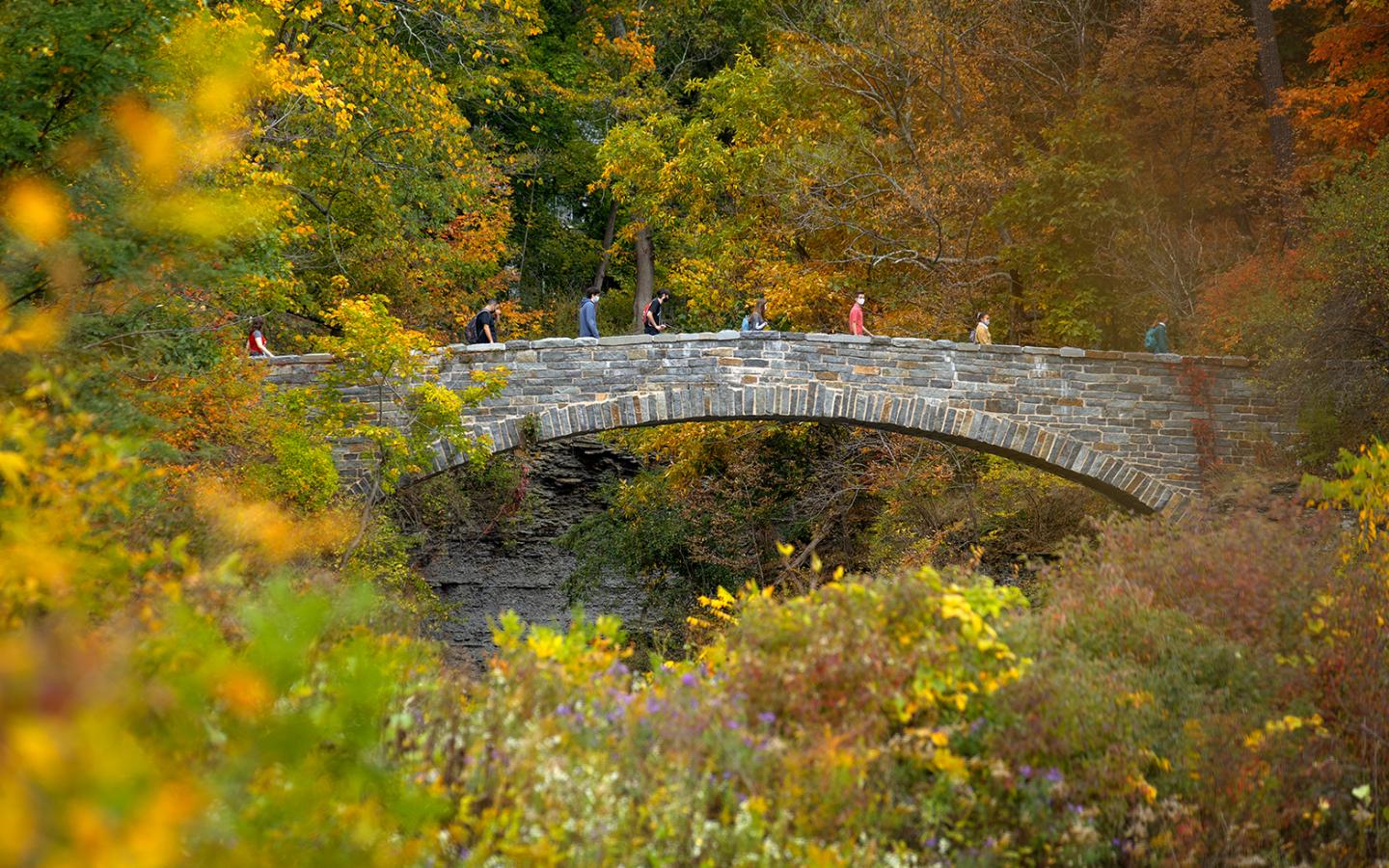 Students cross the foot bridge over Beebe Lake during an afternoon class walk.