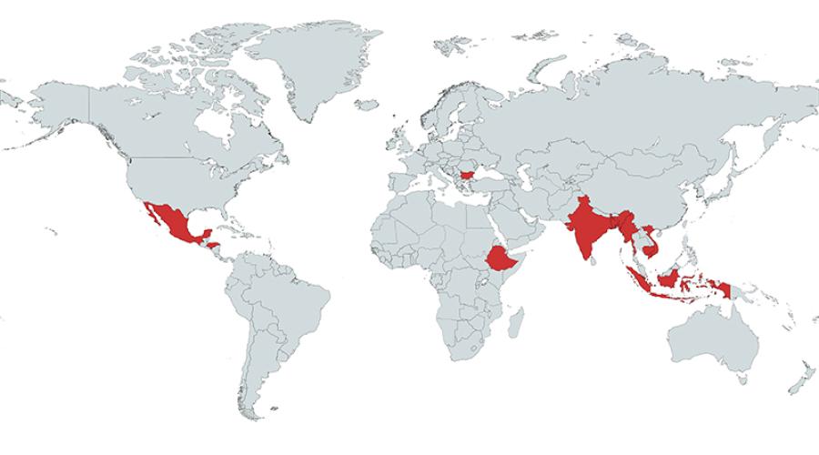 World map with Mexico, Honduras, Bulgaria, Ethiopia, India, Myanmar, Bangladesh, Vietnam, Cambodia, and Indonesia highlighted in red.