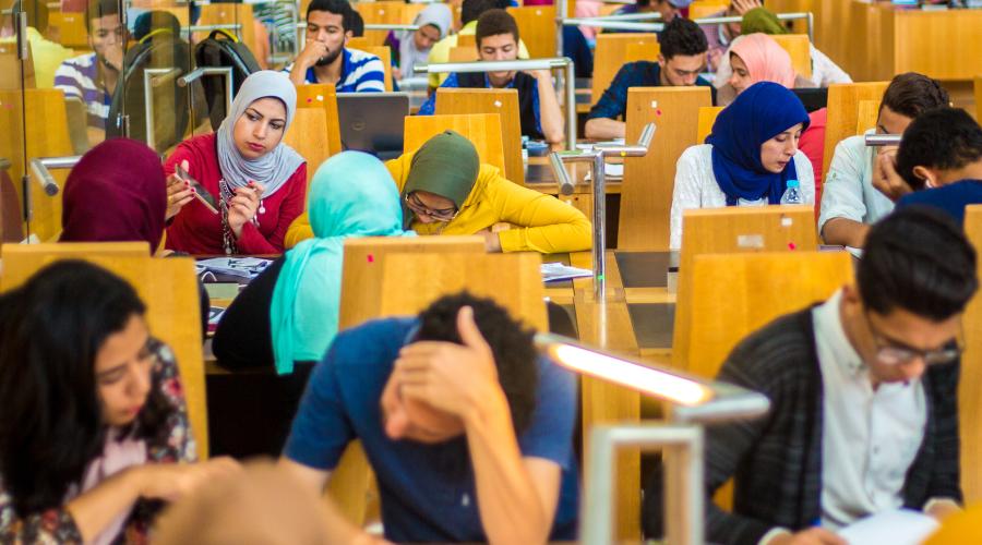 Egyptian students studying in a university library