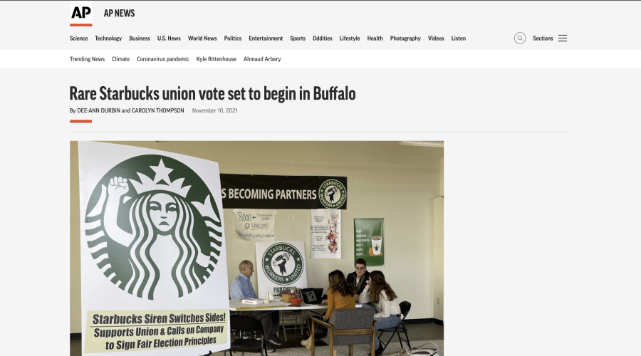 screen shot of AP story about Starbucks union vote
