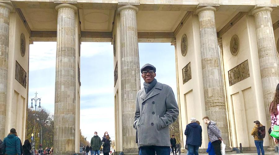 Daniel James II '22 in front of Brandenburg Gate in Berlin, Germany.