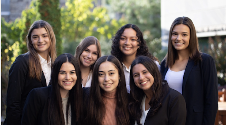 Bottom, from left: Alexa Cooper ’24, Daniella Portnoy ’24, Hannah Schmelkin ’22. Top, from left: Olivia Schwartz ’23, Rachel Barish ’24, Natalee Robayo ’22, Anika Fischer ’23.