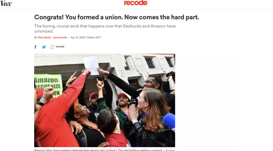 Amazon Labor Union workers celebrate their election win on April 1. 