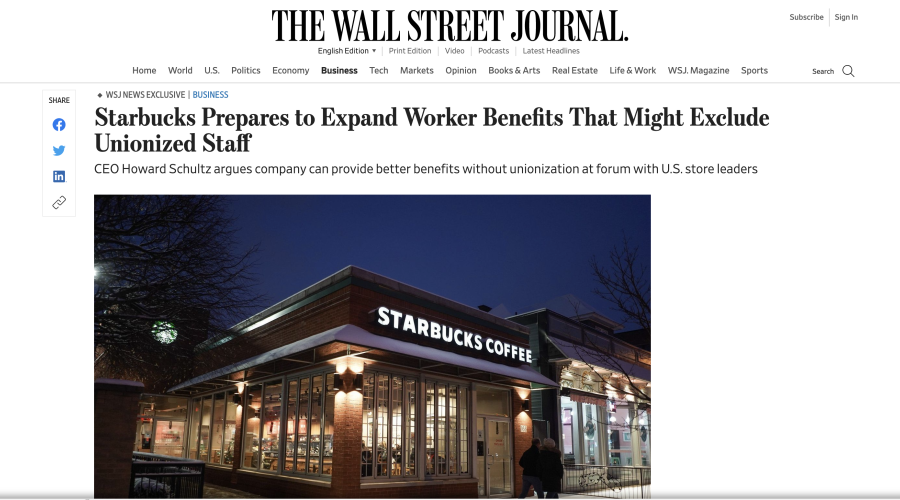 A Starbucks in Buffalo, N.Y., whose staff has voted to unionize.