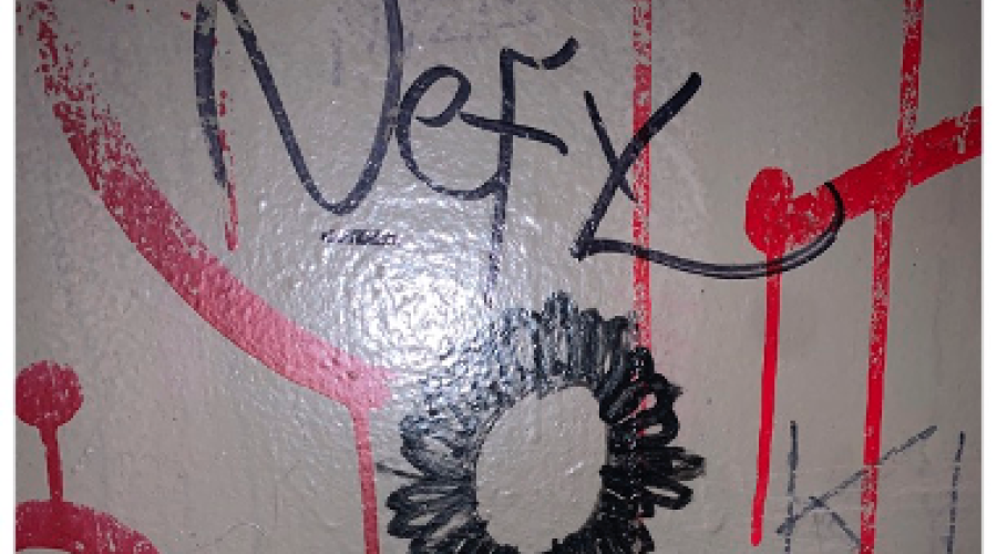 Sunflower extending across a bathroom wall with the word “Defy”