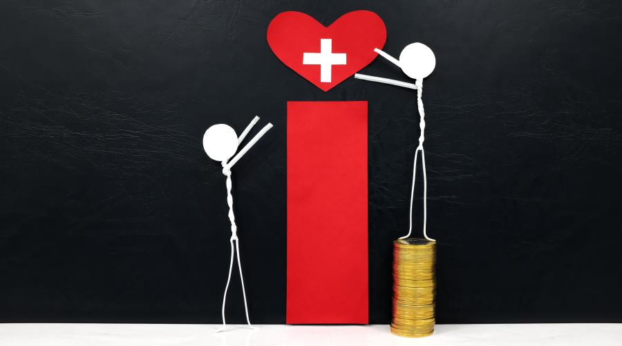 Two drawings of people reaching for a heart. One person is standing on money to reach it.