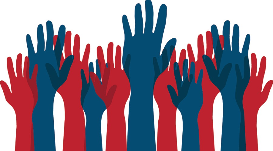 Blue and red hands raised to vote