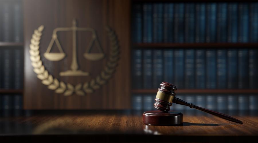 Image of law library with scales of justice emblem and a gavel in the foreground
