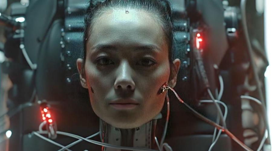 robot woman connected to a machine via wires