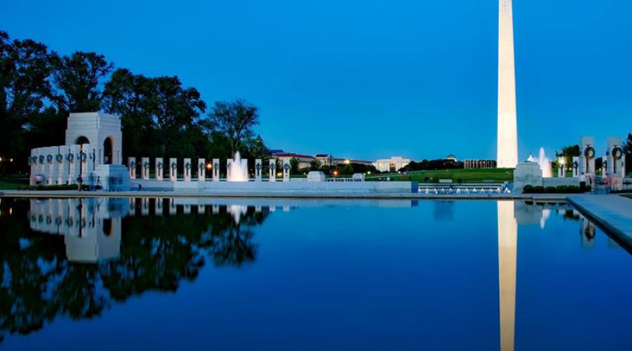 The Washington Monument reflected in the reflecting pool.