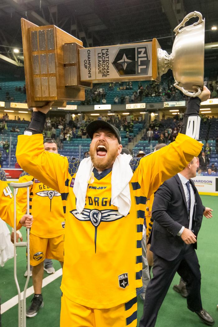 Mitch Belisle ’07 holding the 2017 National Lacrosse League Championship Cup.