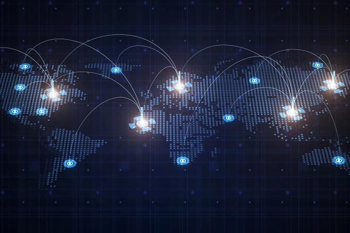 flat digital image of the world showing the concept of connection points across continents