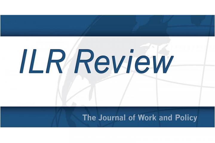 ILR Review logo. Blue text on globe watermark