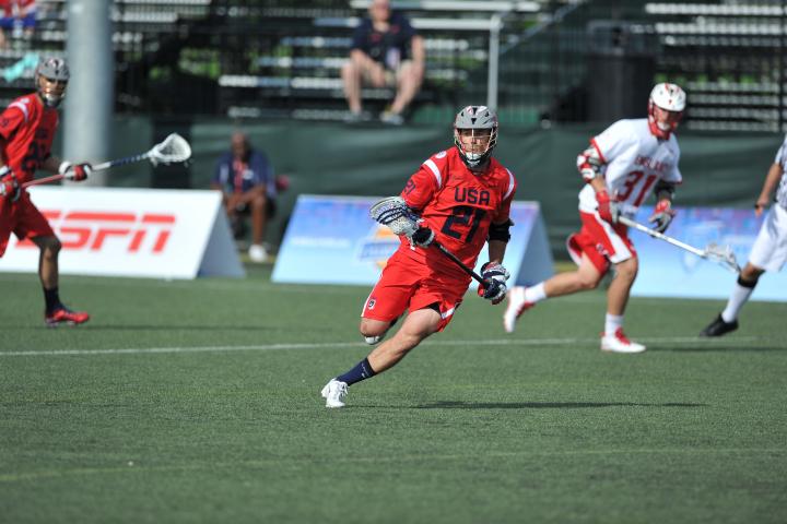 Mitch Belisle ’07 playing for the USA team in a World Lacrosse 2014 game against England.