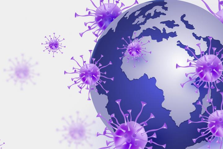Covid covering a purple world globe