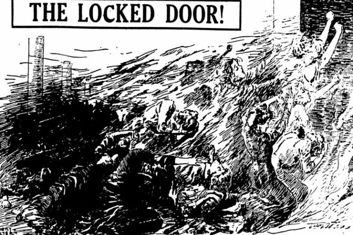 Drawing "The Locked Door!" refers to the Triangle fire and depicts young women throwing themselves against a locked door in an attempt to escape the flames.