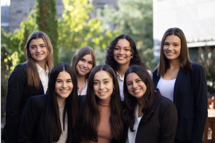 Bottom, from left: Alexa Cooper ’24, Daniella Portnoy ’24, Hannah Schmelkin ’22. Top, from left: Olivia Schwartz ’23, Rachel Barish ’24, Natalee Robayo ’22, Anika Fischer ’23.
