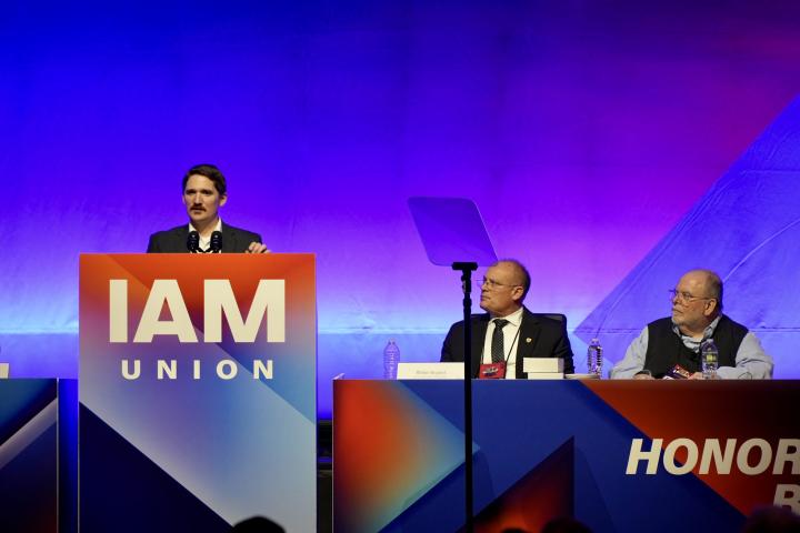 Photo of Climate Jobs Institute Assistant Director Zach Cunningham at Machinist convention