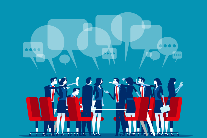 A group of office workers disagree over an idea