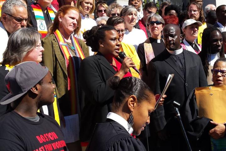 Nia Evans '00 speaking during Moral Monday at the Massachusetts State House in September 2016