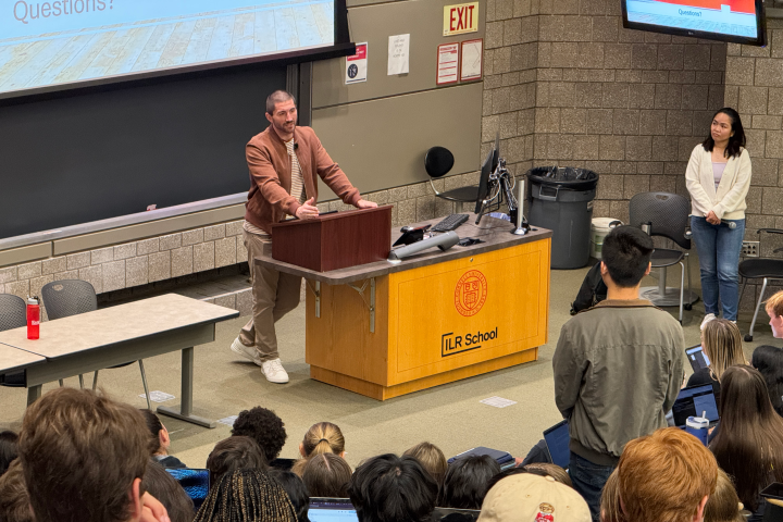 JC Tretter '13 speaks in Associate Professor Adam Seth Litwin’s “Introduction to ILR” course in Ives 305. 