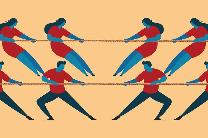 A graphic depicting men and women in a game of tug o' war.