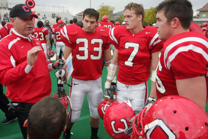 Jim Knowles '87 speaking to members of the Big Red football team during his time as head coach at Cornell.