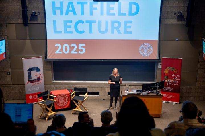 Sreang Hok/Cornell University Christy Pambianchi ’90 delivers the Hatfield Lecture in Ives Hall. Photo courtesy of Sreang Hok/Cornell University.
