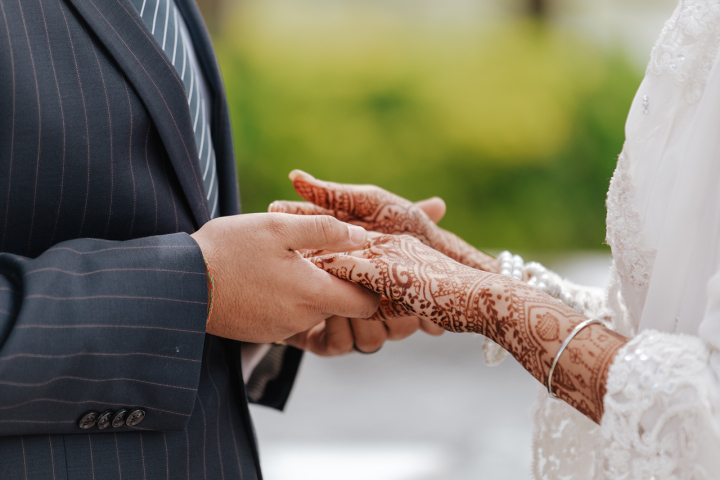 An image of a man and woman's hands at a wedding ceremony. The woman's hands are covered in henna tattoos.