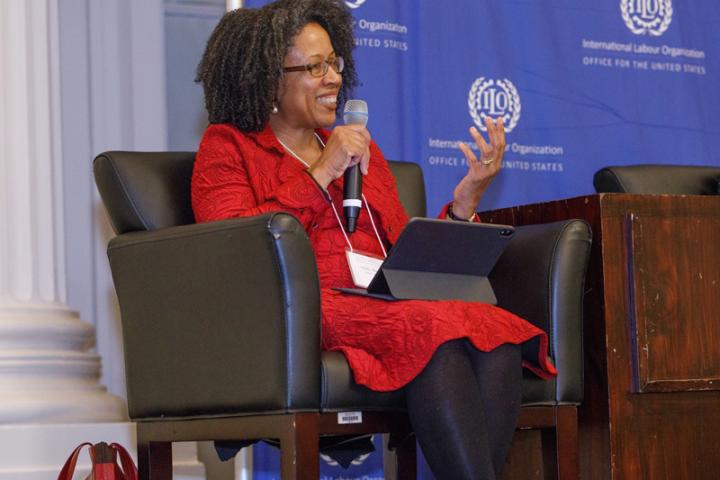 McGill University Professor Adelle Blackett speaking at an International Labour Organization event.