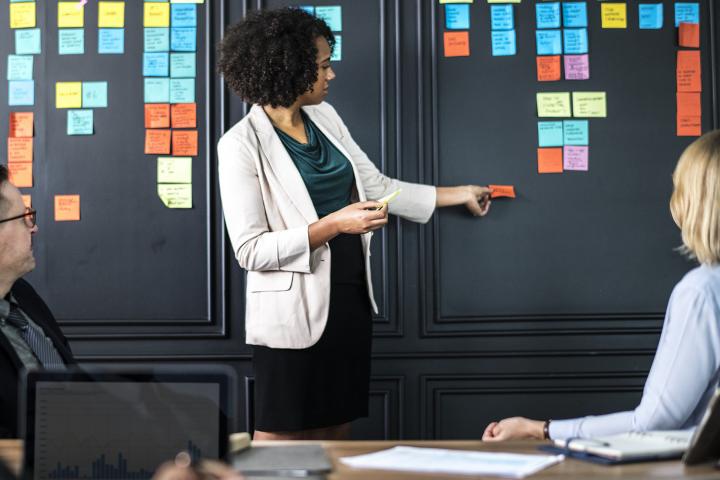 A group of workers participate in a creative idea session.
