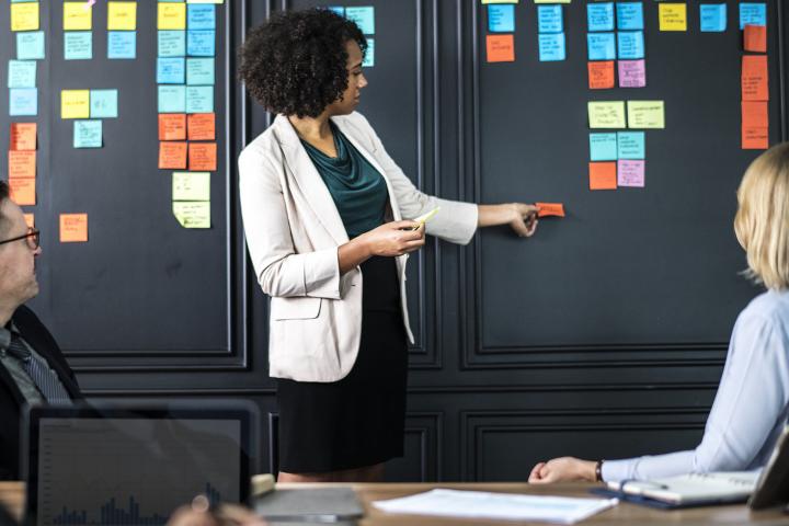 A group of workers participate in a creative idea session. 