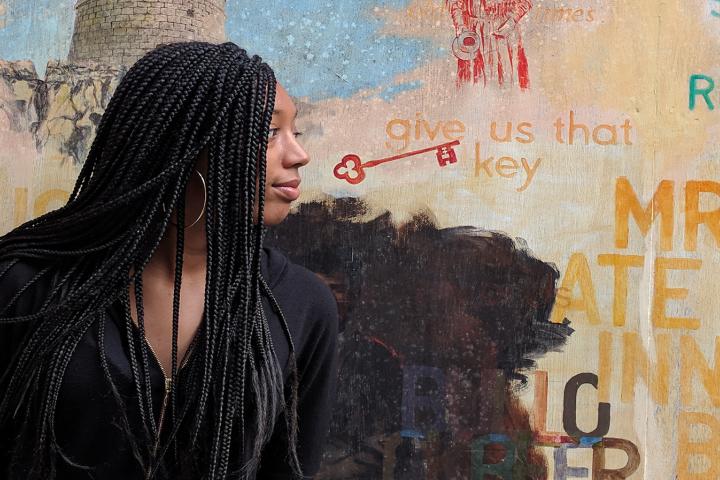 Jaylexia Clark is pictured by a mural at the James Joyce Museum in Dublin.