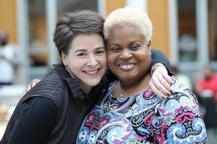 Lisa Nishii, left, with Vanessa Lillard, assistant director at the Office of Academic Diversity Initiatives, at an OADI senior celebration event in May.