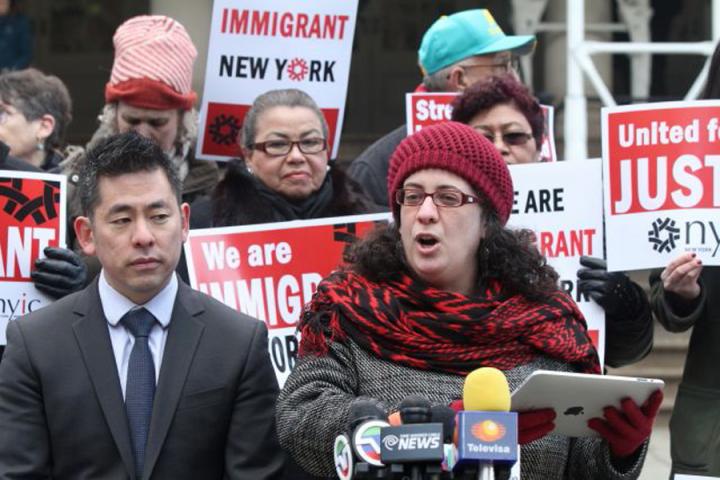 Valeria Treves leads rally for New York Immigration Coalition