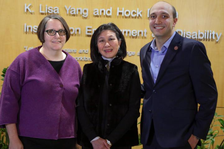 (L to R): Lisa Shaw, K. Lisa Yang ’74, and Hassan Enayati pose together outside the Yang-Tan Institute on the Cornell campus. 